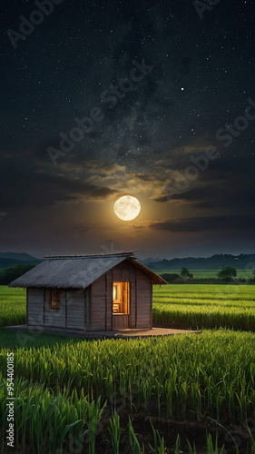 A beaytifull wooden hut in the crops in moont night and window warm lights reflaction out side the hut,  photo