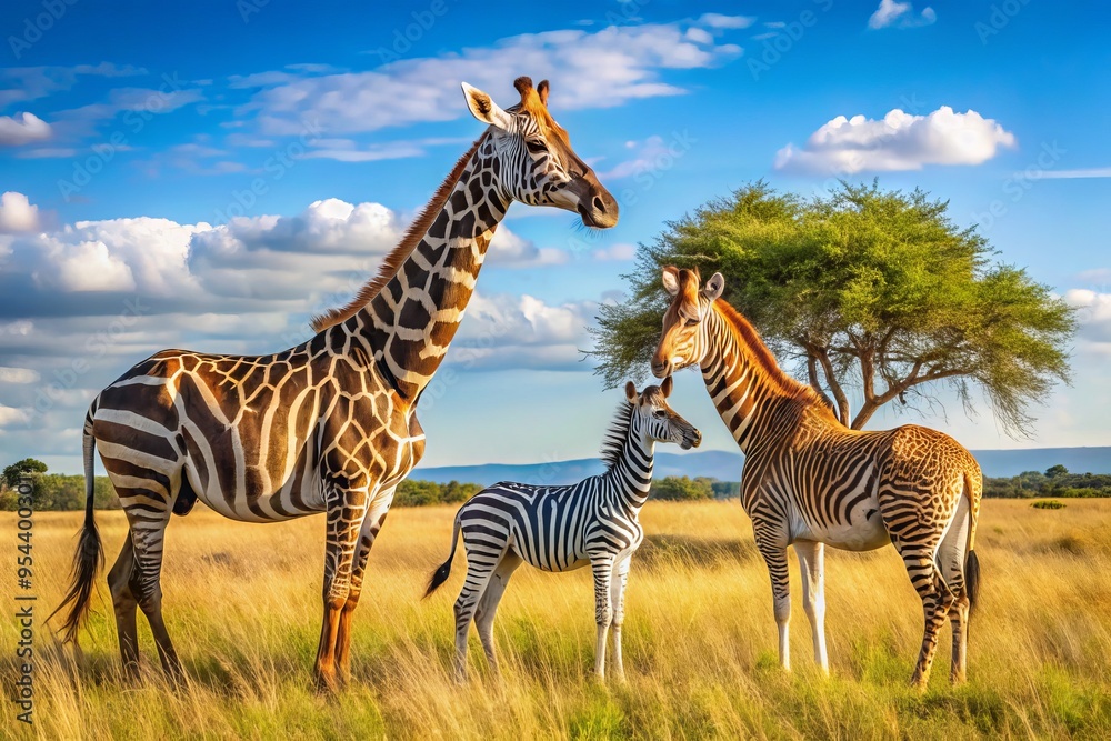 Naklejka premium Wildlife friends roam freely together in a sun-kissed savannah, a gentle giraffe and a playful zebra enjoying each