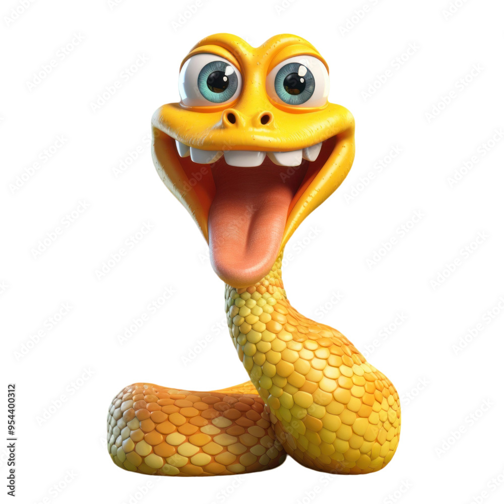 Fototapeta premium A cartoon snake with a big smile and large eyes, its tongue sticking out.