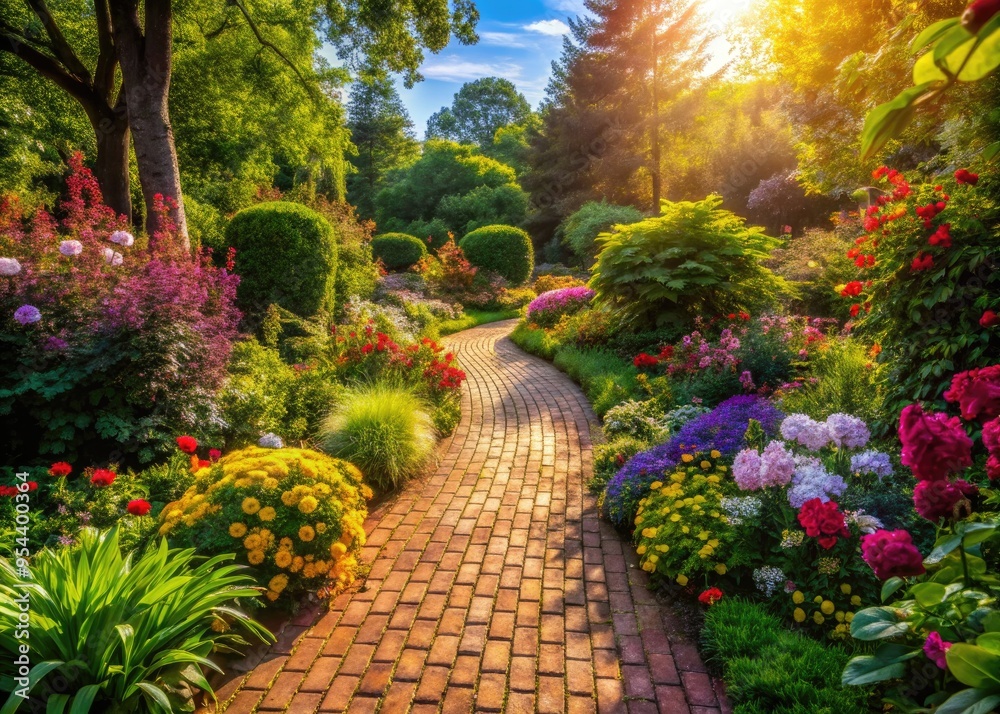 Obraz premium Winding brick path surrounded by lush greenery and vibrant flowers leads through a serene and peaceful garden landscape on a sunny afternoon.