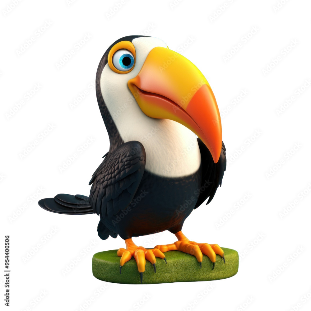 Naklejka premium A cartoon toucan with a large, colorful beak is standing on a green platform.