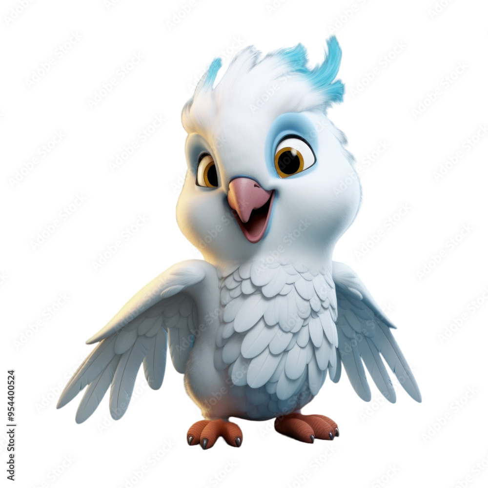 A cartoon white bird with blue feathers on its head and wings, standing with its wings slightly raised, smiling and looking at the camera. A cartoon white bird with blue feathers on its head and wings, standing with its wings slightly raised, smiling and looking at the camera.