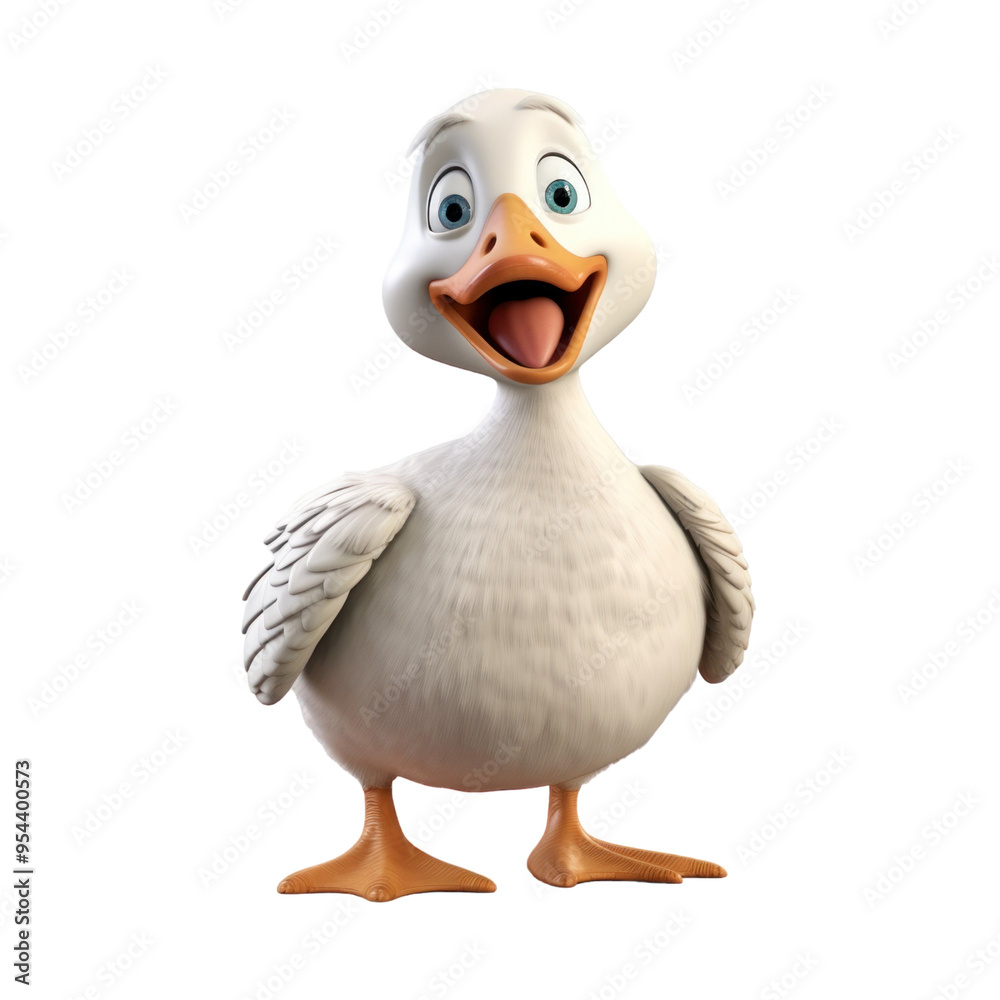 A cartoon white duck with a big smile and orange feet and beak. A cartoon white duck with a big smile and orange feet and beak.