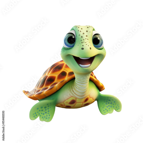 A cartoon turtle with a big smile and large eyes, looking happy.