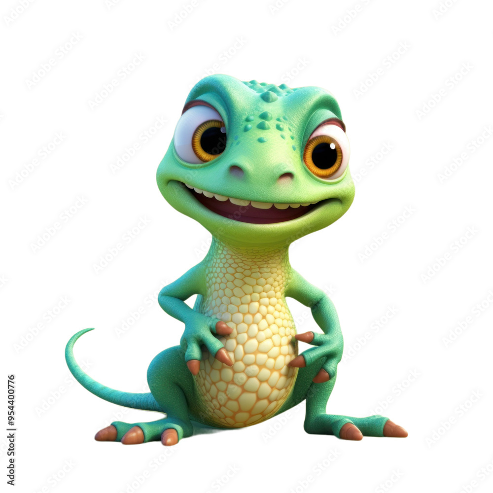 Fototapeta premium A cheerful green lizard with large eyes and a toothy grin sits with its arms crossed.