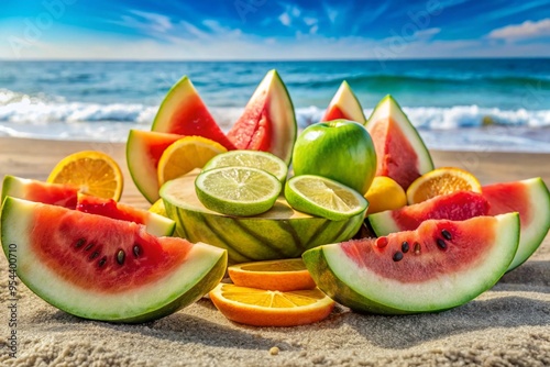 slices of some fresh and delicious flying oranges on a tropical background photo