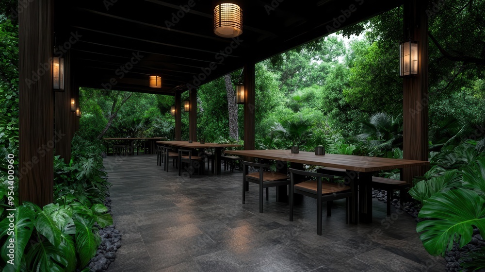 Fototapeta premium Inviting outdoor dining space surrounded by lush greenery, perfect for gatherings or serene relaxation in nature.