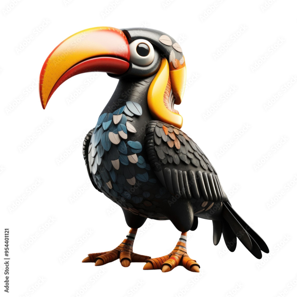 A colorful toucan with a large beak, a black body with blue and brown feathers, and yellow feet. A colorful toucan with a large beak, a black body with blue and brown feathers, and yellow feet.