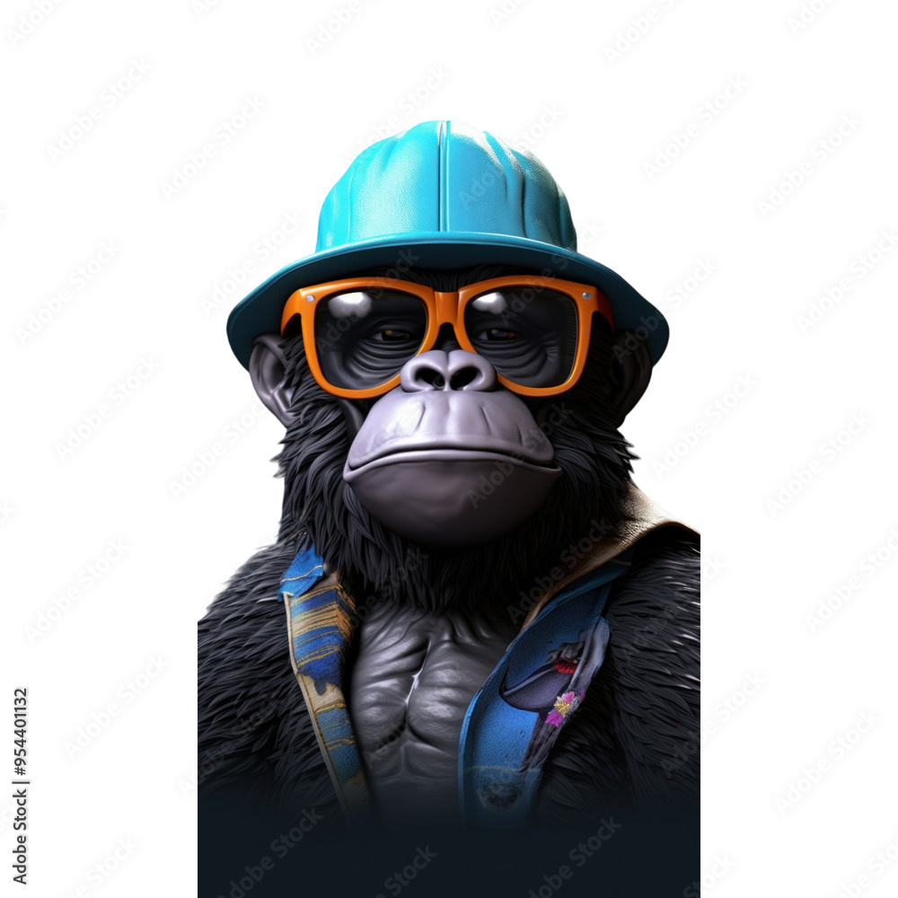 A cool monkey wearing a blue hard hat, orange sunglasses, and a blue and yellow patterned shirt. A cool monkey wearing a blue hard hat, orange sunglasses, and a blue and yellow patterned shirt.