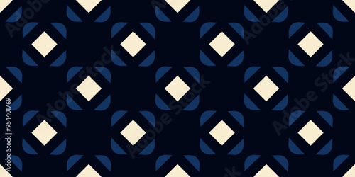 Simple geometric pattern abstract square shapes motif classic blue minimal background. Small diamond, triangle elements modern fabric design textile swatch ladies dress, man shirt allover print block.