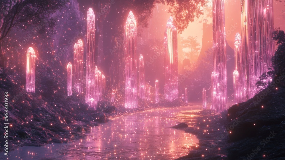 Fototapeta premium Glowing Pink Crystal Forest with River at Dusk