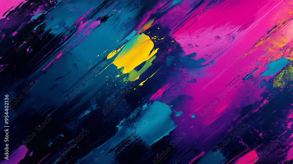 Fototapeta premium Abstract Artwork with Diagonal Brushstrokes of Blue, Yellow, and Pink Paint on Black Canvas