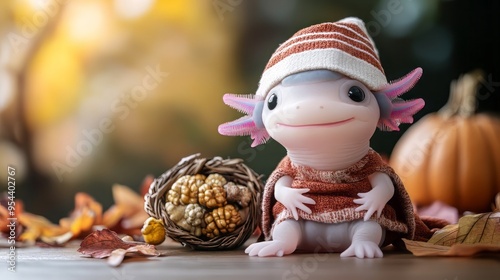 Cute axolotl character in a cozy hat surrounded by autumn leaves and pumpkins. Perfect for seasonal themes and children's illustrations. photo