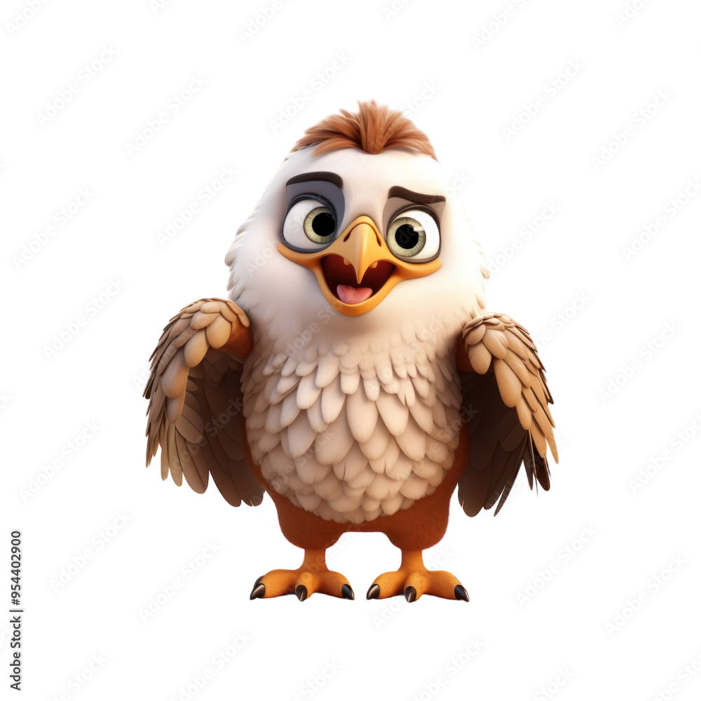 A cute cartoon eagle with brown and white feathers, big eyes, and a yellow beak stands with its wings out. A cute cartoon eagle with brown and white feathers, big eyes, and a yellow beak stands with its wings out.