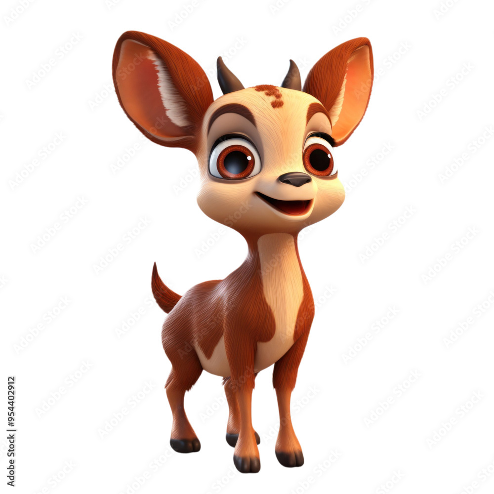A cute cartoon fawn with large ears and a brown and white coat.