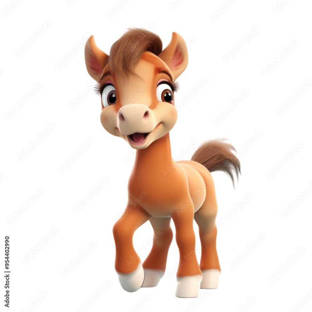 Obraz premium A cute cartoon foal with brown fur and white hooves stands on a black background and looks at the camera with a friendly smile.