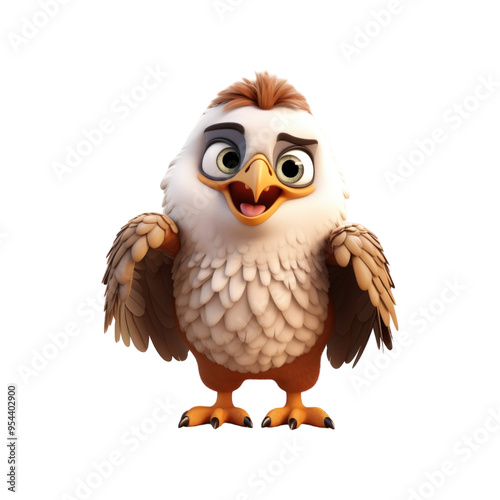 A cute cartoon eagle with brown and white feathers, big eyes, and a yellow beak stands with its wings out.