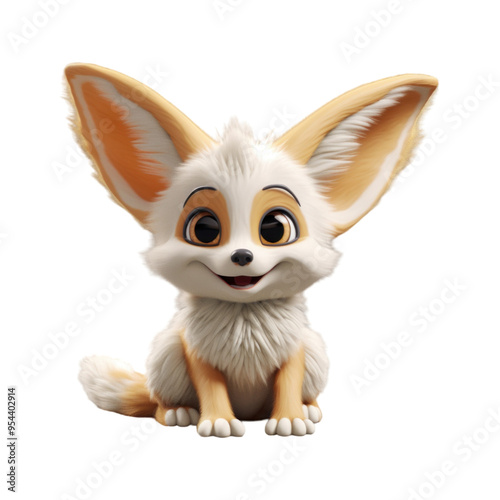 A cute cartoon fennec fox with big ears, brown eyes, and a fluffy white tail sits smiling.