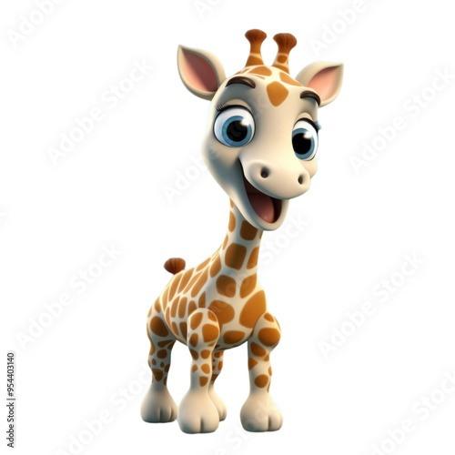 A cute cartoon giraffe with big eyes and a friendly smile stands against a black background.