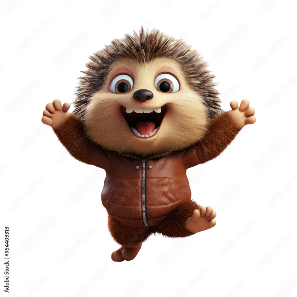 Fototapeta premium A cute cartoon hedgehog wearing a brown jacket jumps with happiness.