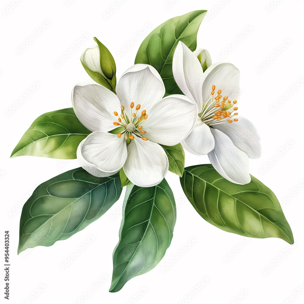 Fototapeta premium white flowers and green leaves is in a classic botanical style.