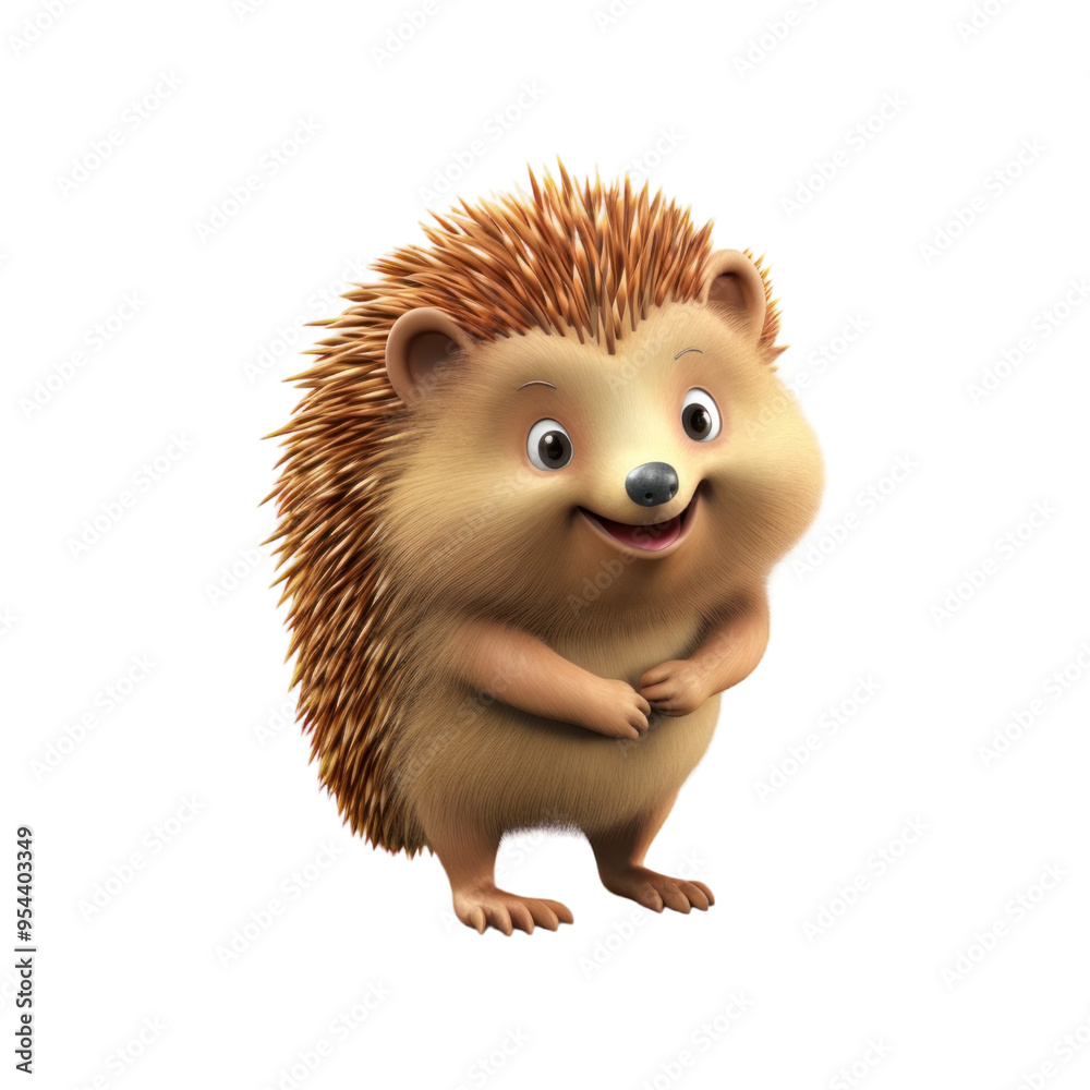 A cute cartoon hedgehog with a big smile and brown quills standing on a black background. A cute cartoon hedgehog with a big smile and brown quills standing on a black background.