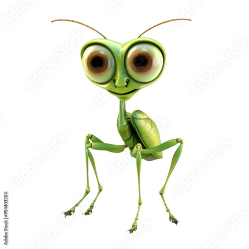 A cute cartoon green mantis with large eyes and a friendly expression.