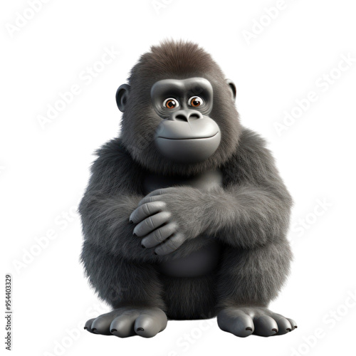 A cute cartoon gorilla with big brown eyes sits with arms crossed and a smile on its face.