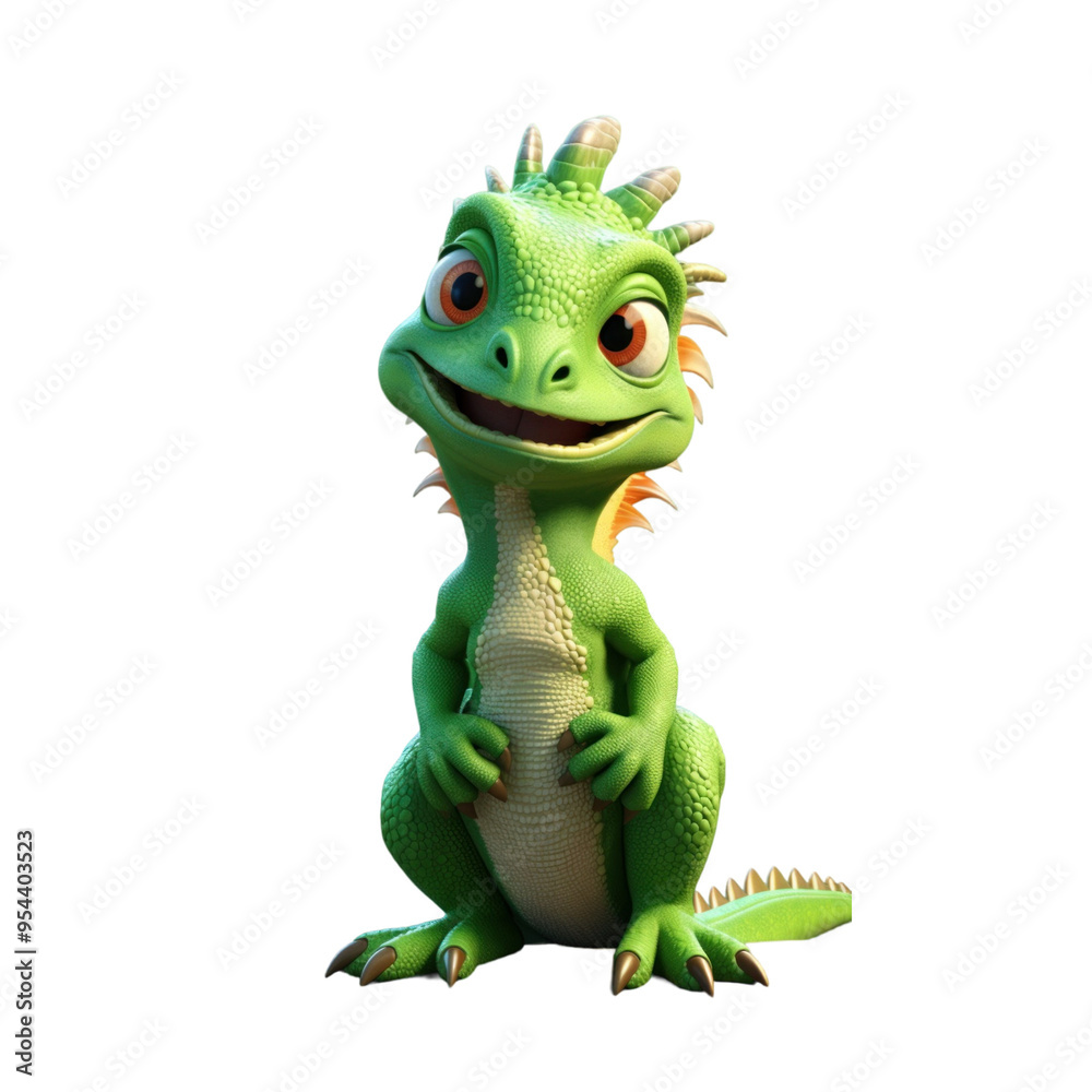 Fototapeta premium A cute cartoon iguana with a big smile and bright green scales sits on a black background.