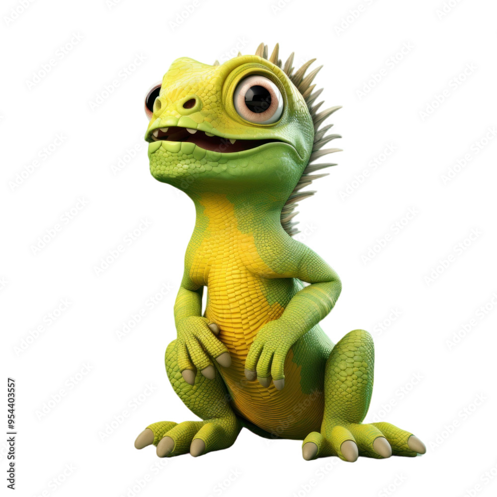 Fototapeta premium A cute cartoon iguana with a surprised expression, sitting with its paws crossed and looking up.