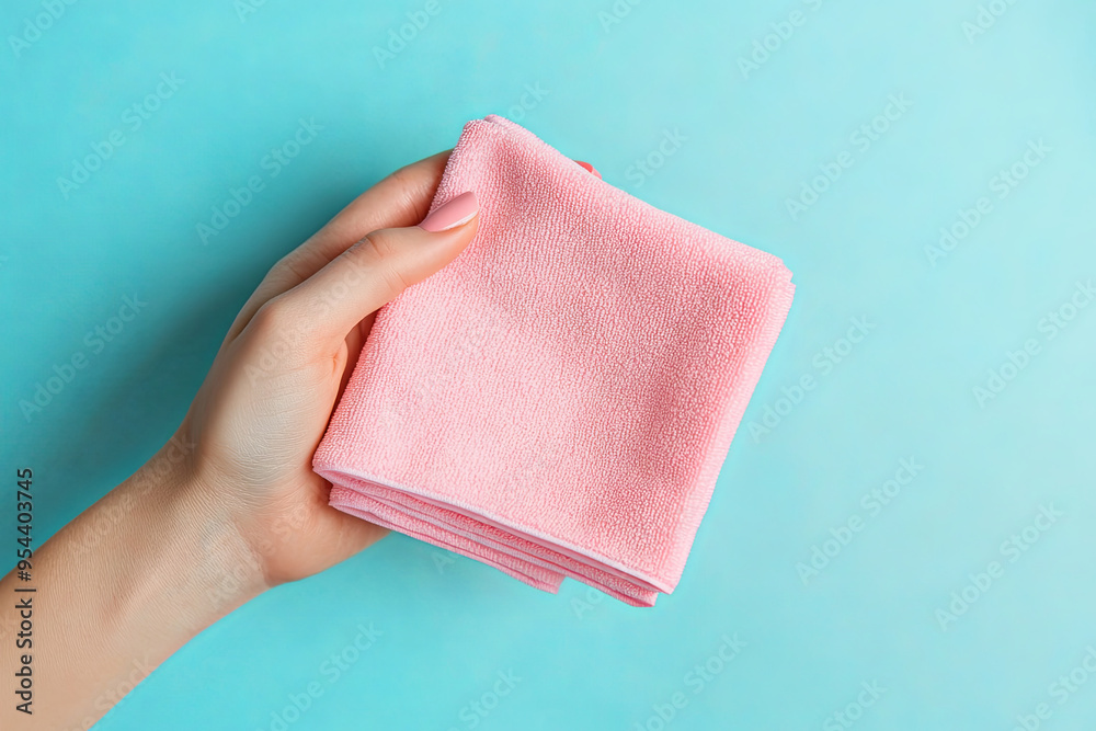 Young woman holding a pink folded dry soft microfiber rag for wiping different surfaces. Closeup on a light blue table background Young woman holding a pink folded dry soft microfiber rag for wiping different surfaces. Closeup on a light blue table background