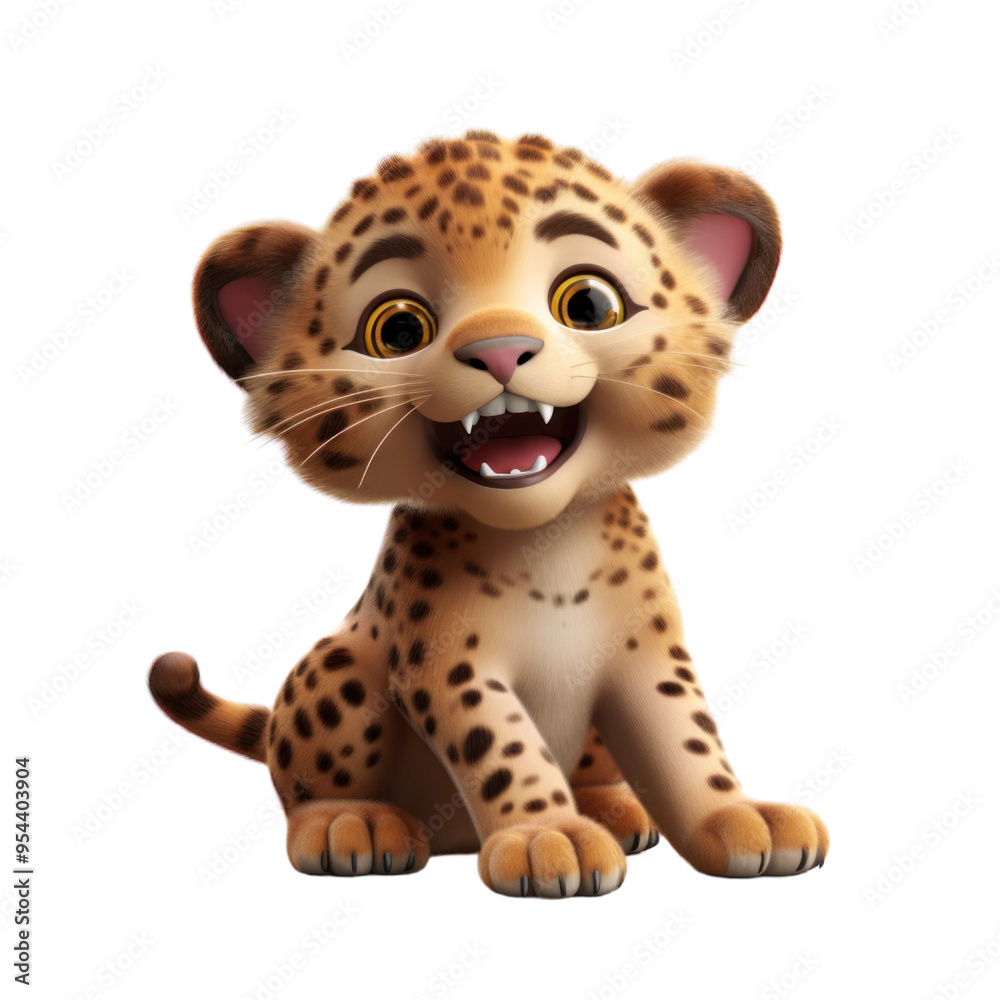 A cute cartoon leopard cub with brown spots and a big smile, sitting on a black background.