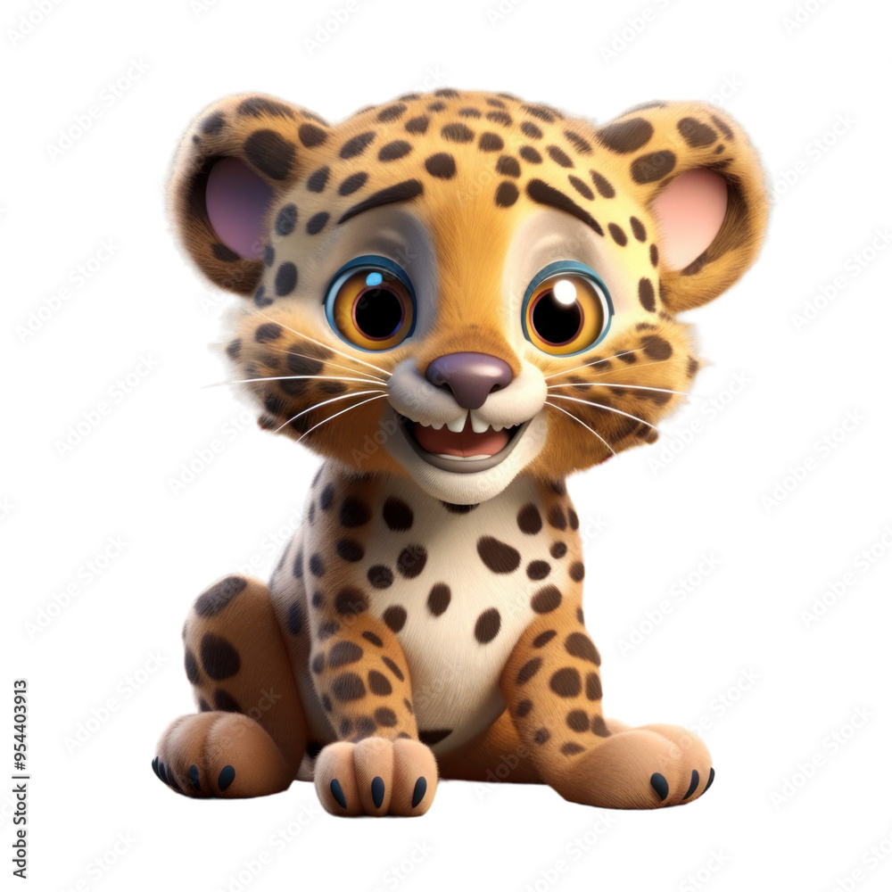 A cute cartoon leopard cub with big eyes and a toothy grin, sitting against a black background. A cute cartoon leopard cub with big eyes and a toothy grin, sitting against a black background.