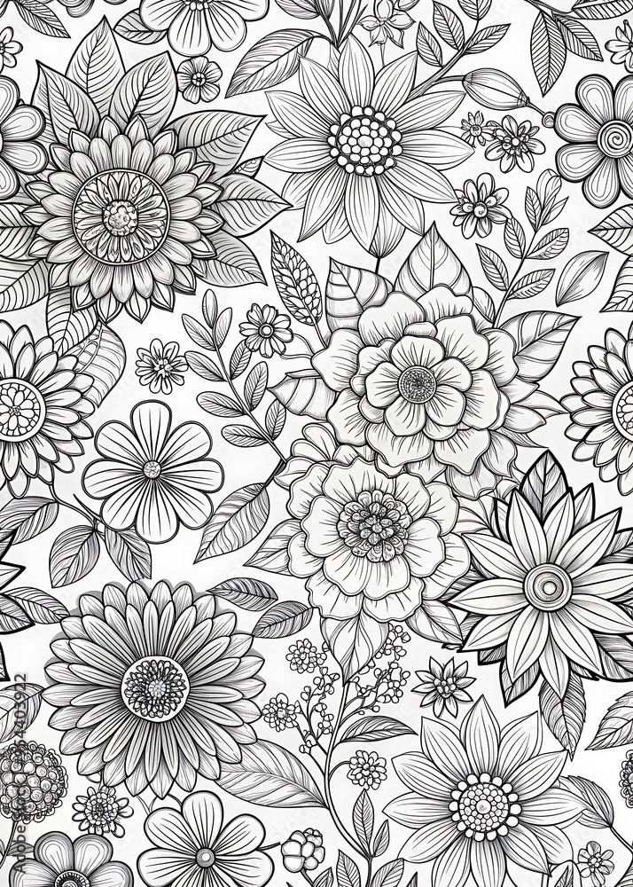 Fototapeta premium Abstract Floral Vector Pattern for Intricate Coloring in Black and White. Abstract. Vector. Coloring. Floral. Black.