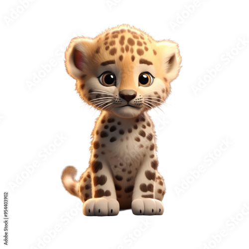 A cute cartoon leopard cub with big eyes and a sweet expression, sitting on a black background.