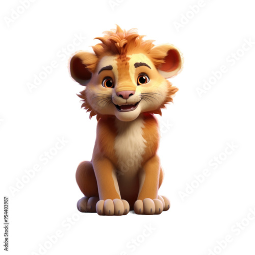 A cute cartoon lion cub with a playful expression sits and looks directly at the camera.