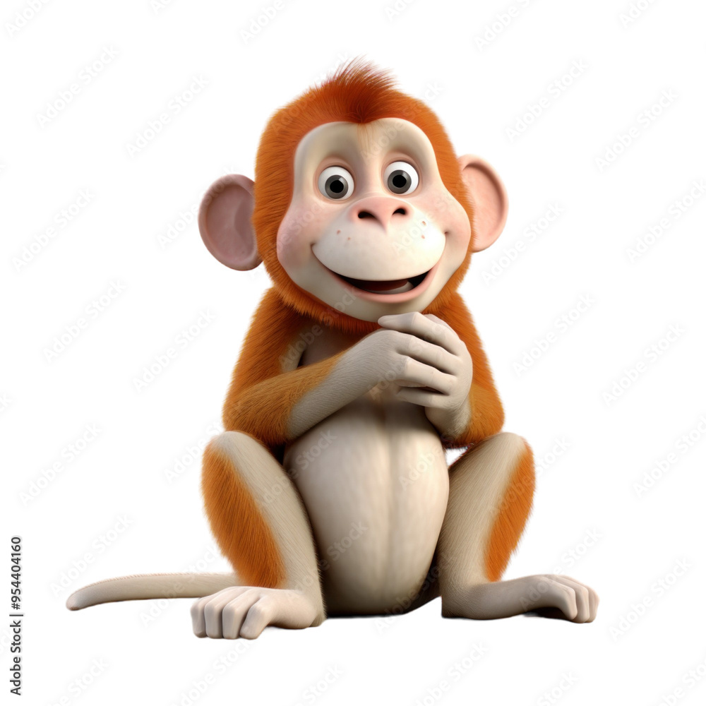 Obraz premium A cute cartoon monkey sitting with a smile on its face, with its hands clasped in front of it, isolated on a black background.