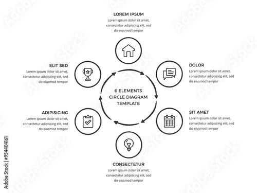 Hand drawn circle diagram template with 6 elements, doodle infographics, vector eps10 illustration
