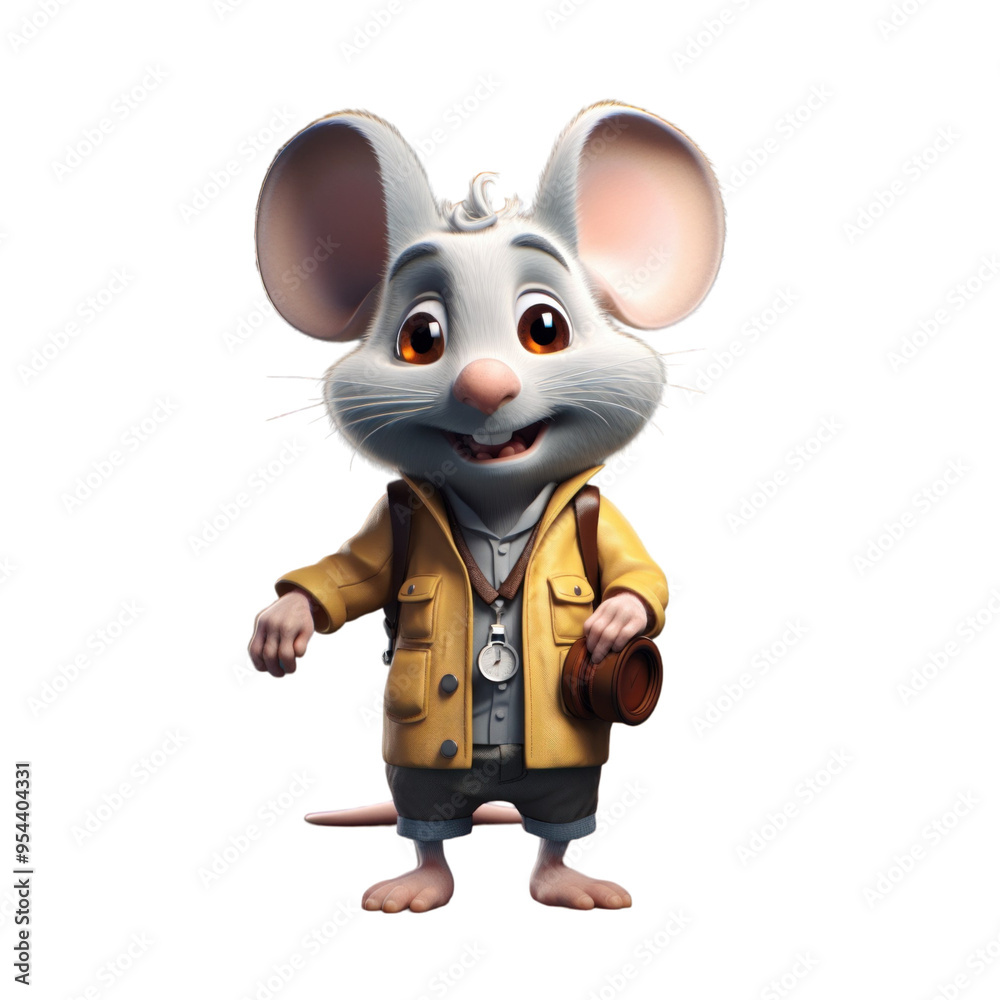 A cute cartoon mouse wearing a yellow jacket, brown pants, and a backpack with a camera hanging from it. A cute cartoon mouse wearing a yellow jacket, brown pants, and a backpack with a camera hanging from it.