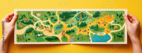 Amusement park map, with colorful illustrations, in a personâ€™s hands, under bright sunlight