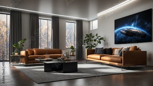 Modern Living Room Interior Design with Large Artwork and Brown Leather Sofa