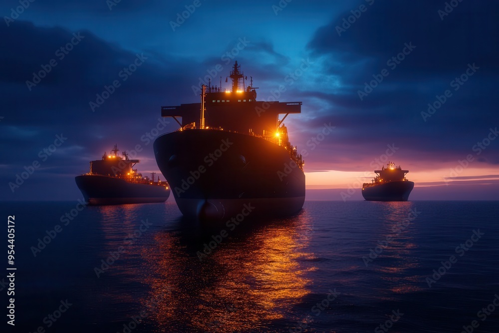 Three illuminated cargo ships at dusk on calm waters, creating a serene maritime scene with dramatic lighting and a vibrant sky. Three illuminated cargo ships at dusk on calm waters, creating a serene maritime scene with dramatic lighting and a vibrant sky.