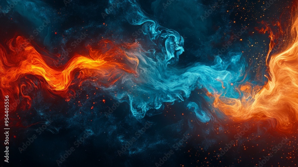 Abstract Swirling Blue and Orange Smoke with Sparkles on a Black Background Abstract Swirling Blue and Orange Smoke with Sparkles on a Black Background
