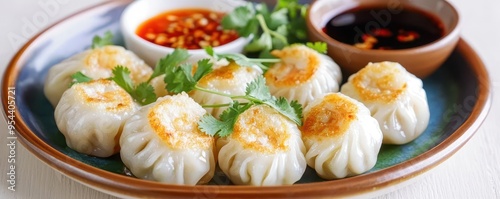 A plate of delicious Thai steamed dumplings Kanom Jeeb with a golden-brown crispy bottom photo