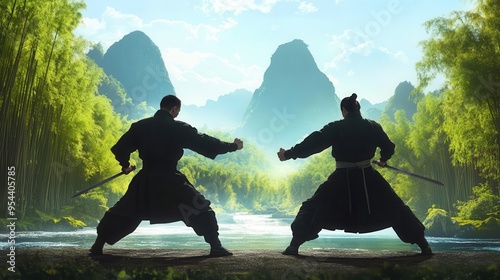 Behind the scenes of a fist and sword fight scene in a Chinese martial arts film In the background are bamboo forests, streams, and mountains photo