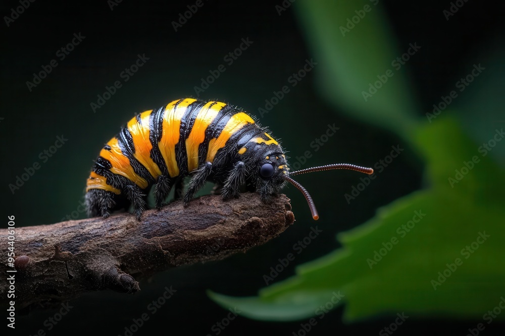 Vibrant close-up of a striped caterpillar on a twig, showcasing stunning colors and intricate details in a natural setting. Vibrant close-up of a striped caterpillar on a twig, showcasing stunning colors and intricate details in a natural setting.