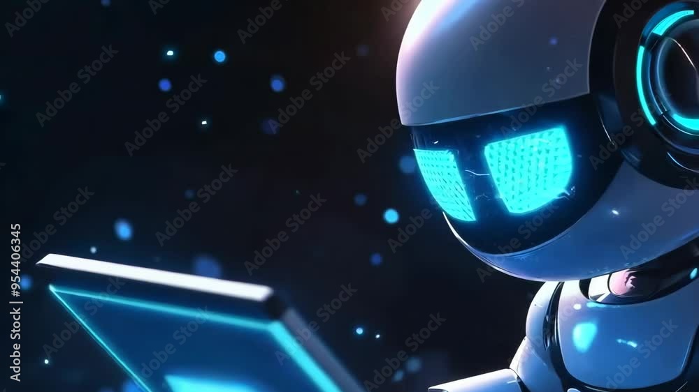 Cute friendly artificial intelligence robot using laptop computer with white and blue neon glow light, chatbot and AI assistant concept futuristic technology Cute friendly artificial intelligence robot using laptop computer with white and blue neon glow light, chatbot and AI assistant concept futuristic technology