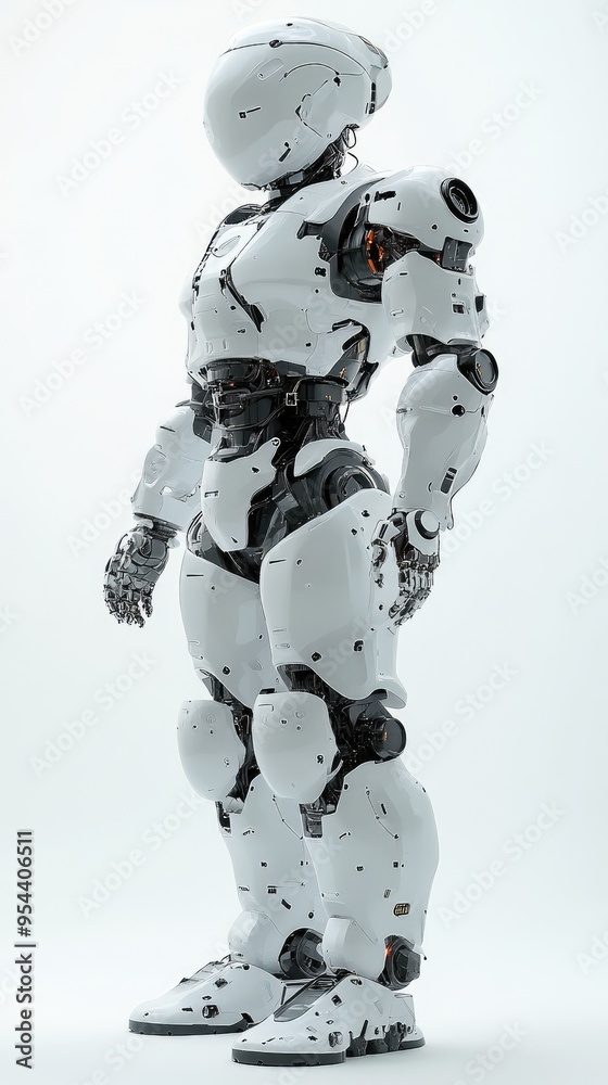 Fototapeta premium Bipedal robot, navigating uneven terrain, with hydraulic joints and sensors, in natural sunlight