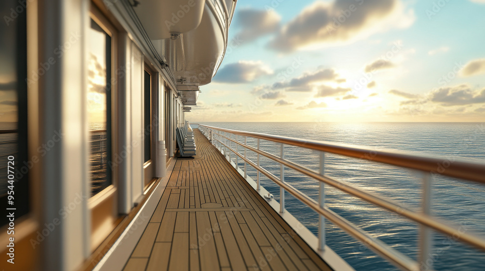 Fototapeta premium Hyper-realistic close-up of a cruise ship deck, showcasing the luxury amenities and the