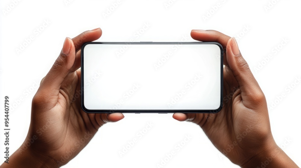 Human Hands Holding Abstract Mobile Device with White Screen: Blank Smartphone Mockup for Business Icon and Clip Art, Isolated on White Background Human Hands Holding Abstract Mobile Device with White Screen: Blank Smartphone Mockup for Business Icon and Clip Art, Isolated on White Background